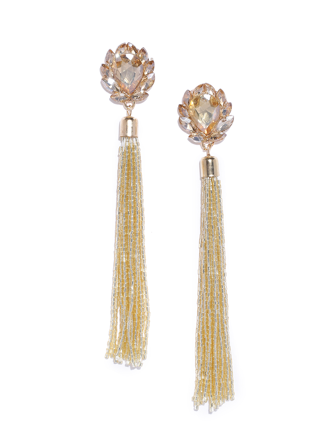 YouBella Gold-Plated Stone-Studded Tasselled Contemporary Drop Earrings
