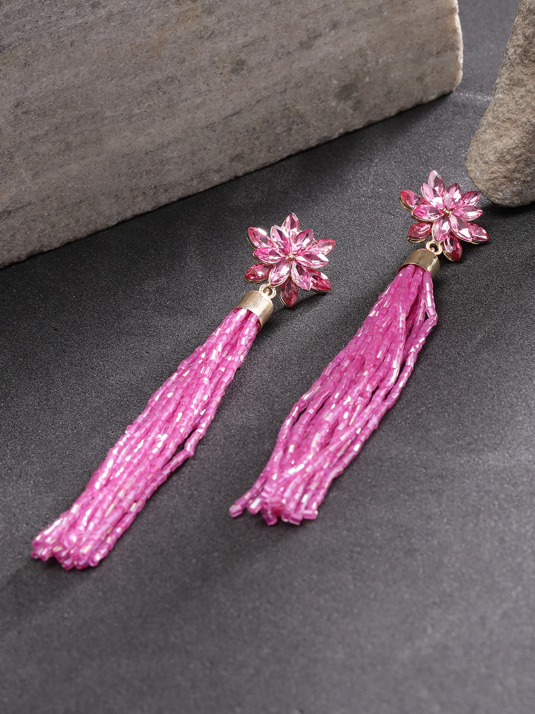 YouBella Pink Gold-Plated Stone-Studded Floral-Shaped Tasselled Drop Earrings