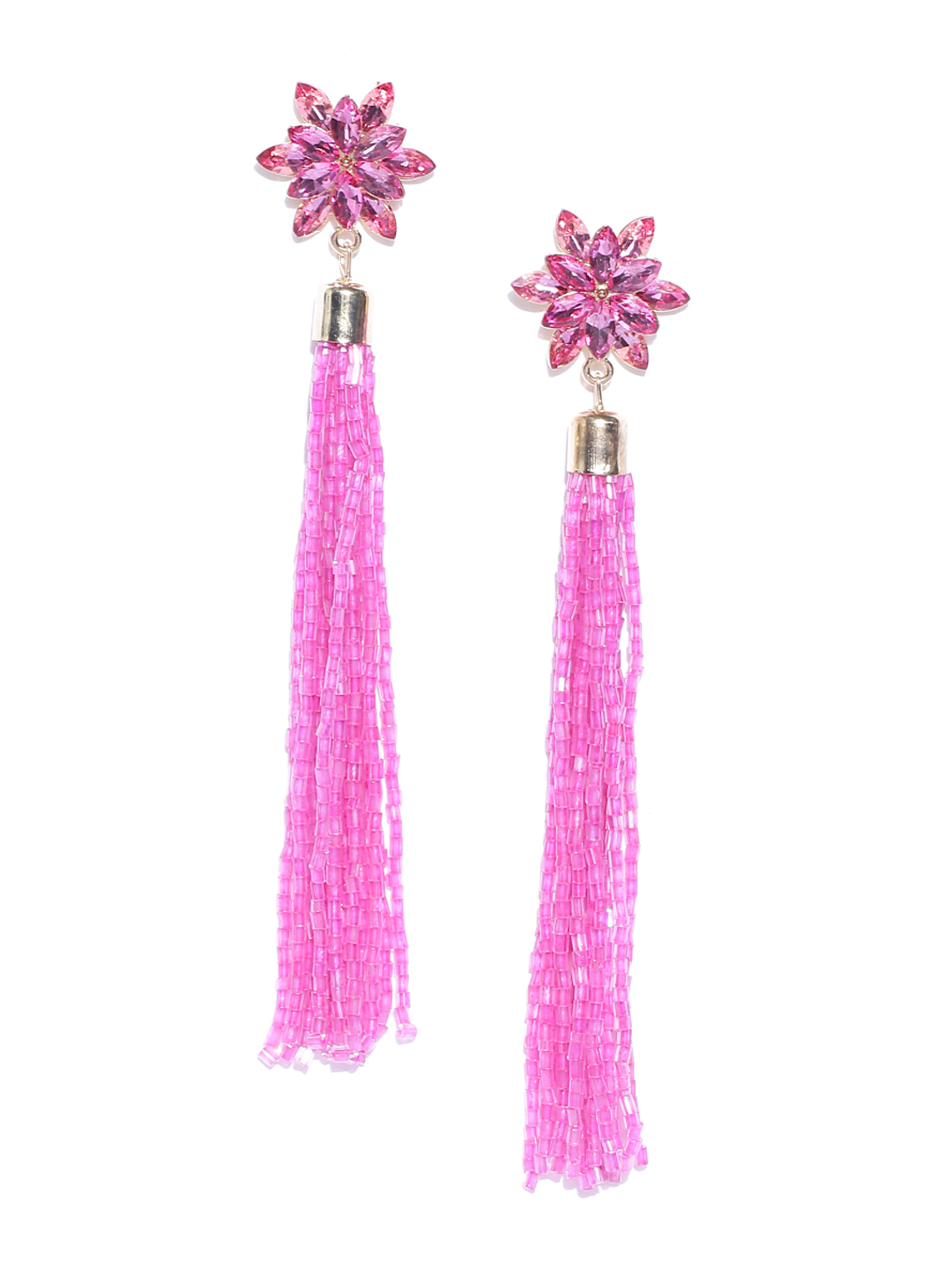 YouBella Pink Gold-Plated Stone-Studded Floral-Shaped Tasselled Drop Earrings