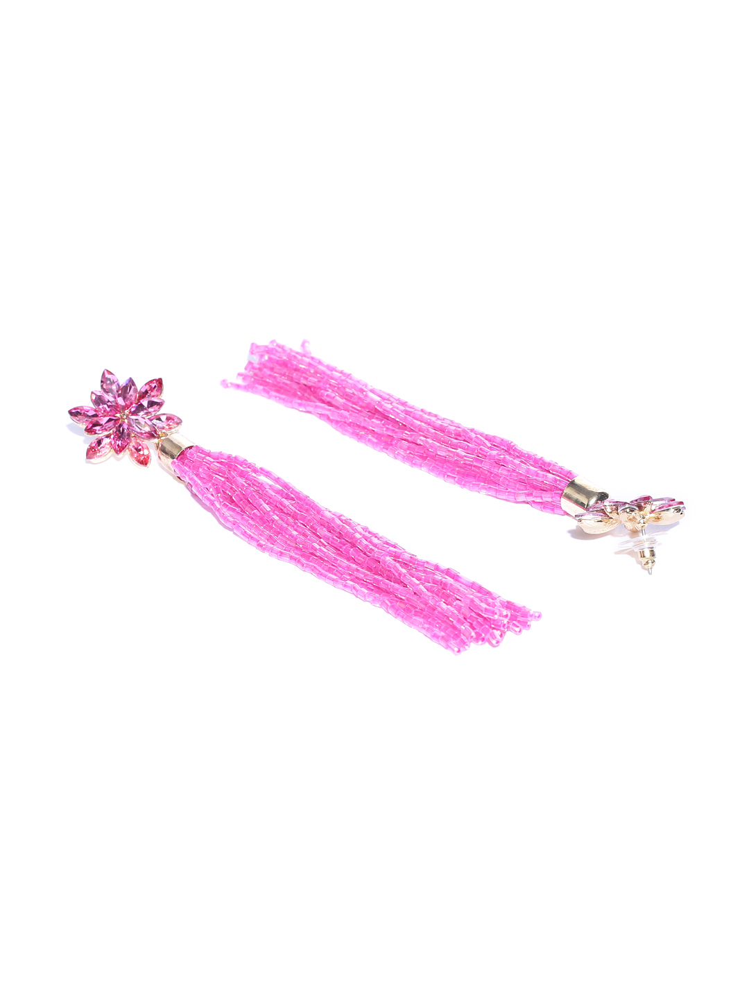 YouBella Pink Gold-Plated Stone-Studded Floral-Shaped Tasselled Drop Earrings