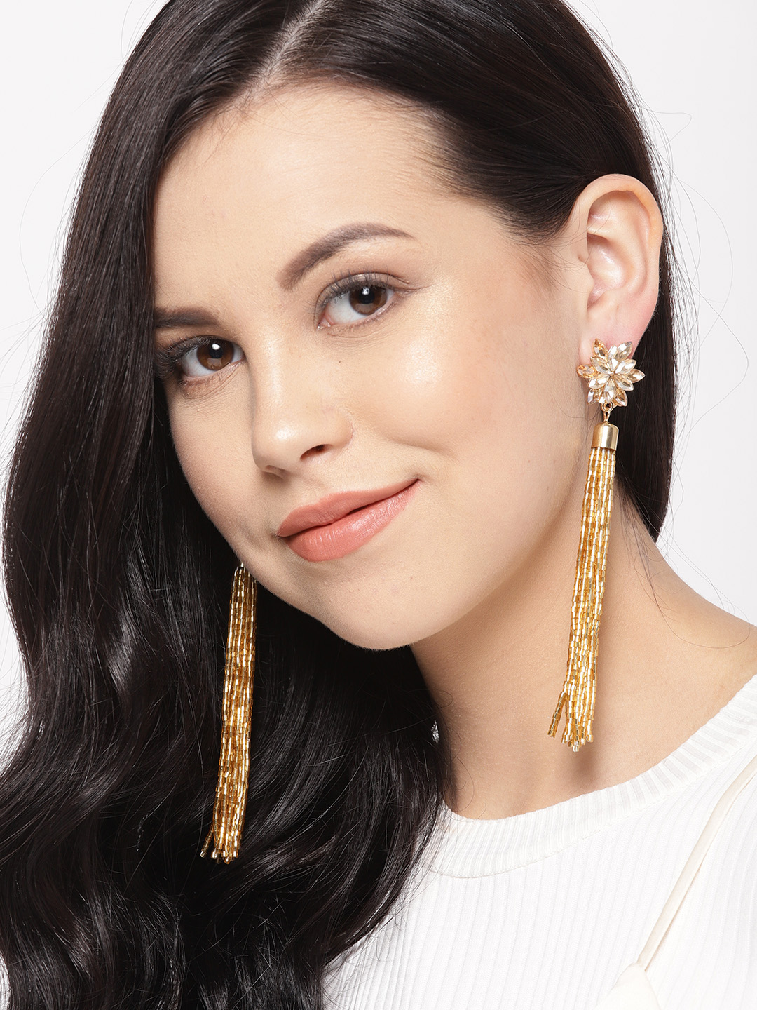 YouBella Gold-Plated Stone-Studded Floral-Shaped Tasselled Drop Earrings