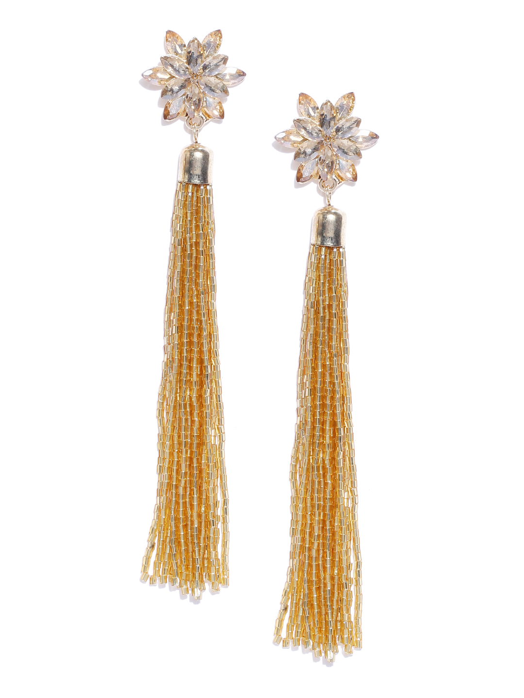 YouBella Gold-Plated Stone-Studded Floral-Shaped Tasselled Drop Earrings
