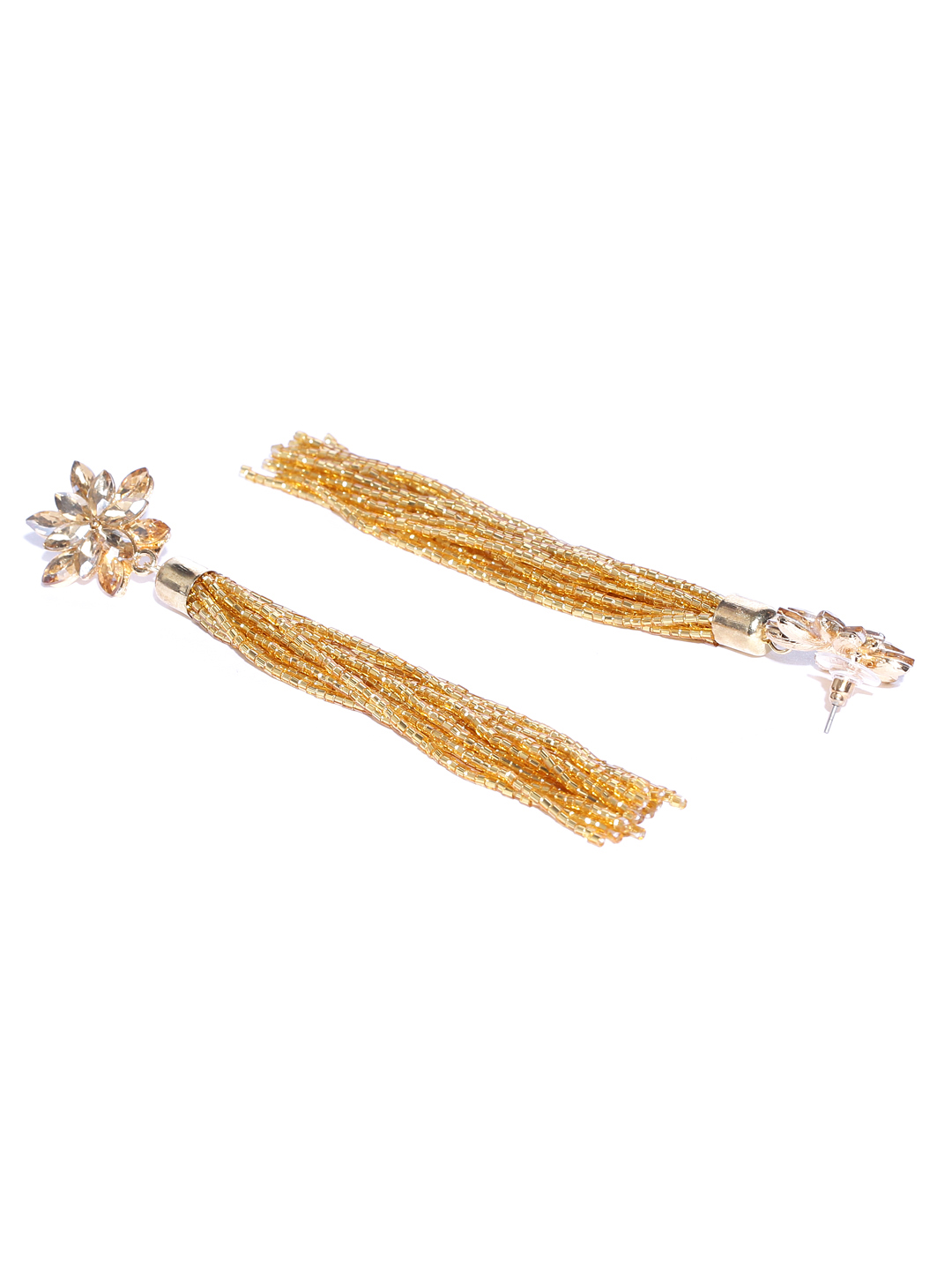 YouBella Gold-Plated Stone-Studded Floral-Shaped Tasselled Drop Earrings