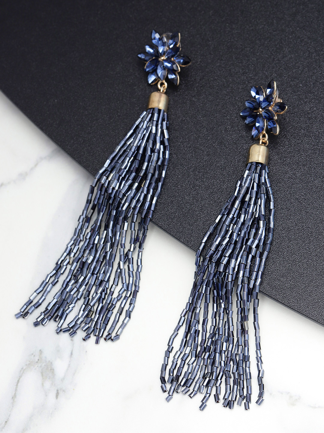 YouBella Navy Blue Gold-Plated Stone-Studded  Beaded Tasselled Drop Earrings