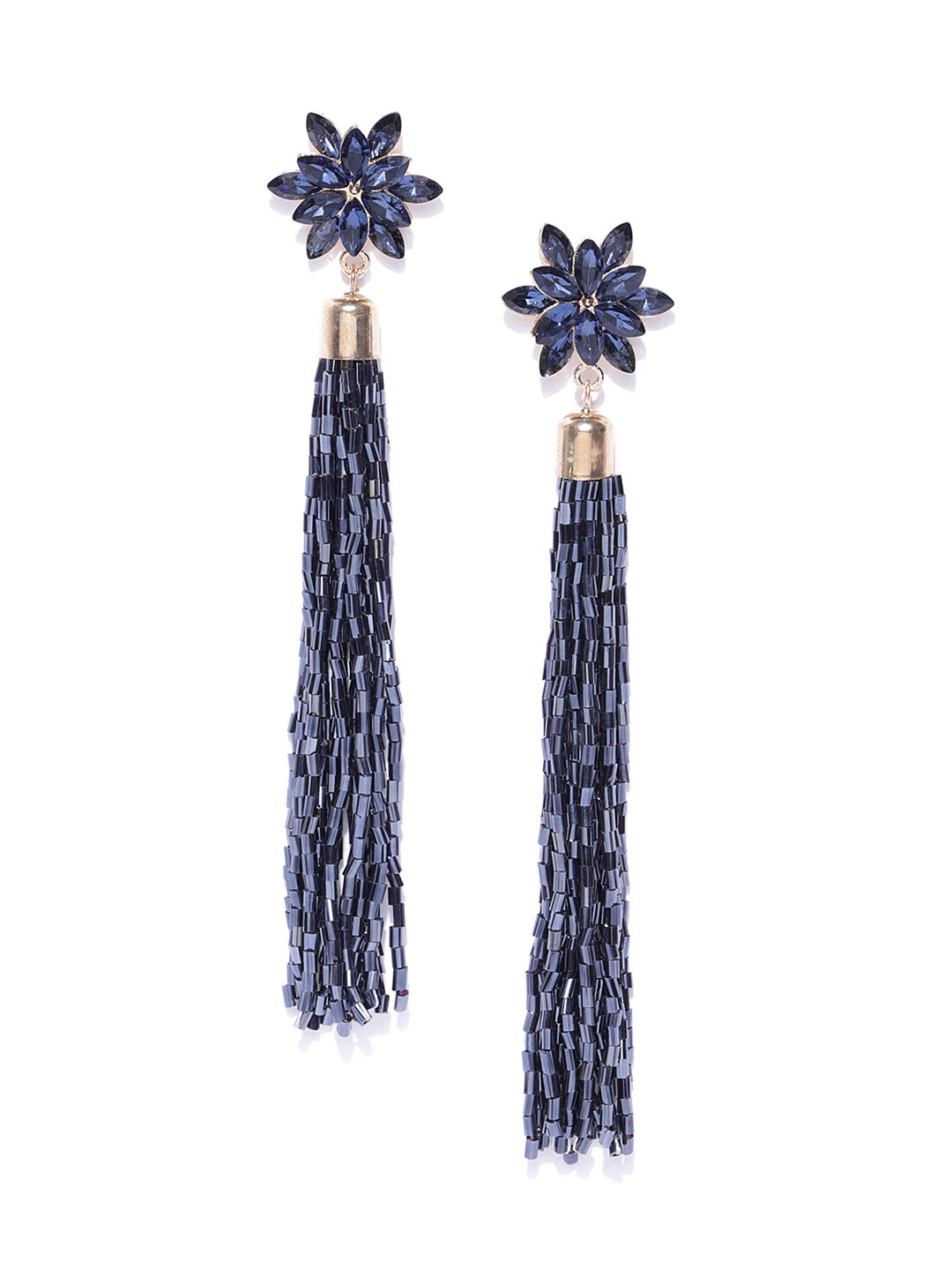 YouBella Navy Blue Gold-Plated Stone-Studded  Beaded Tasselled Drop Earrings