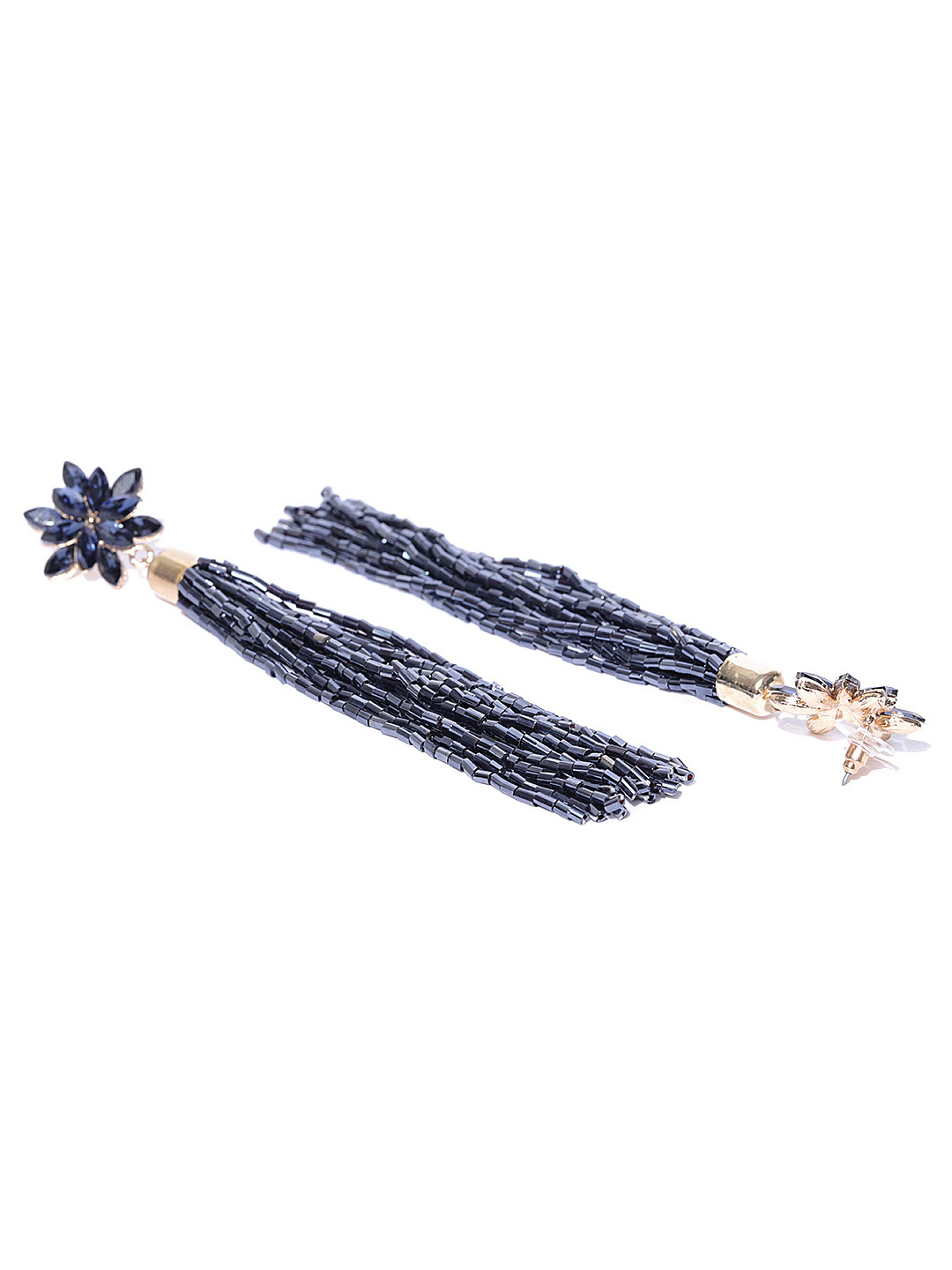 YouBella Navy Blue Gold-Plated Stone-Studded  Beaded Tasselled Drop Earrings