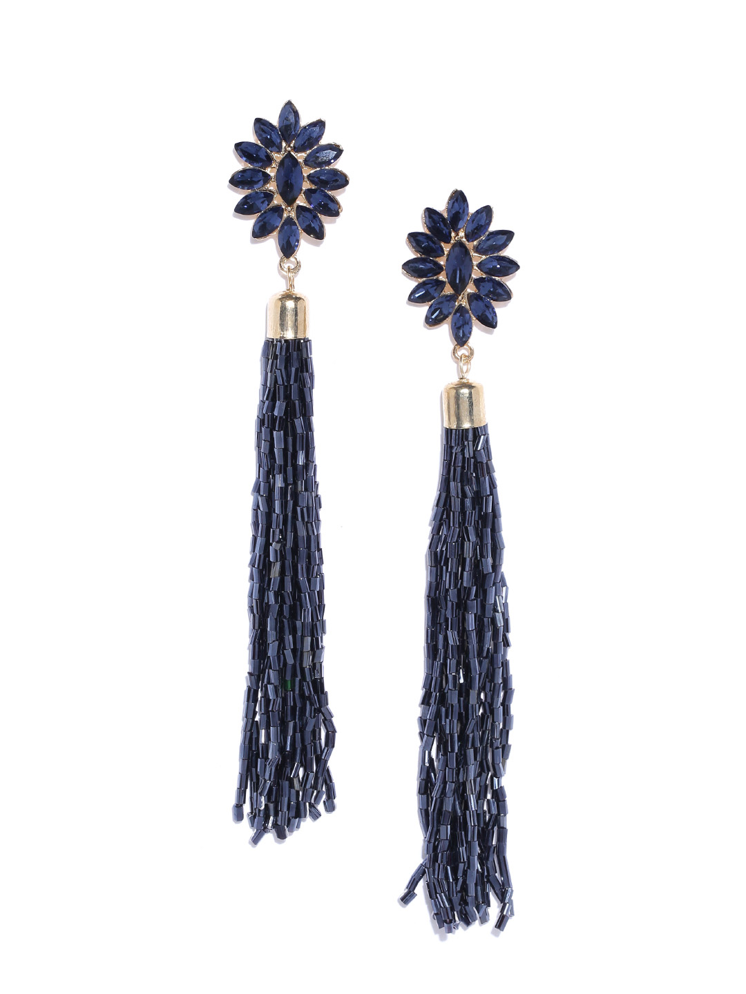 YouBella Navy Blue Gold-Plated Tasselled Stone-Studded Drop Earrings