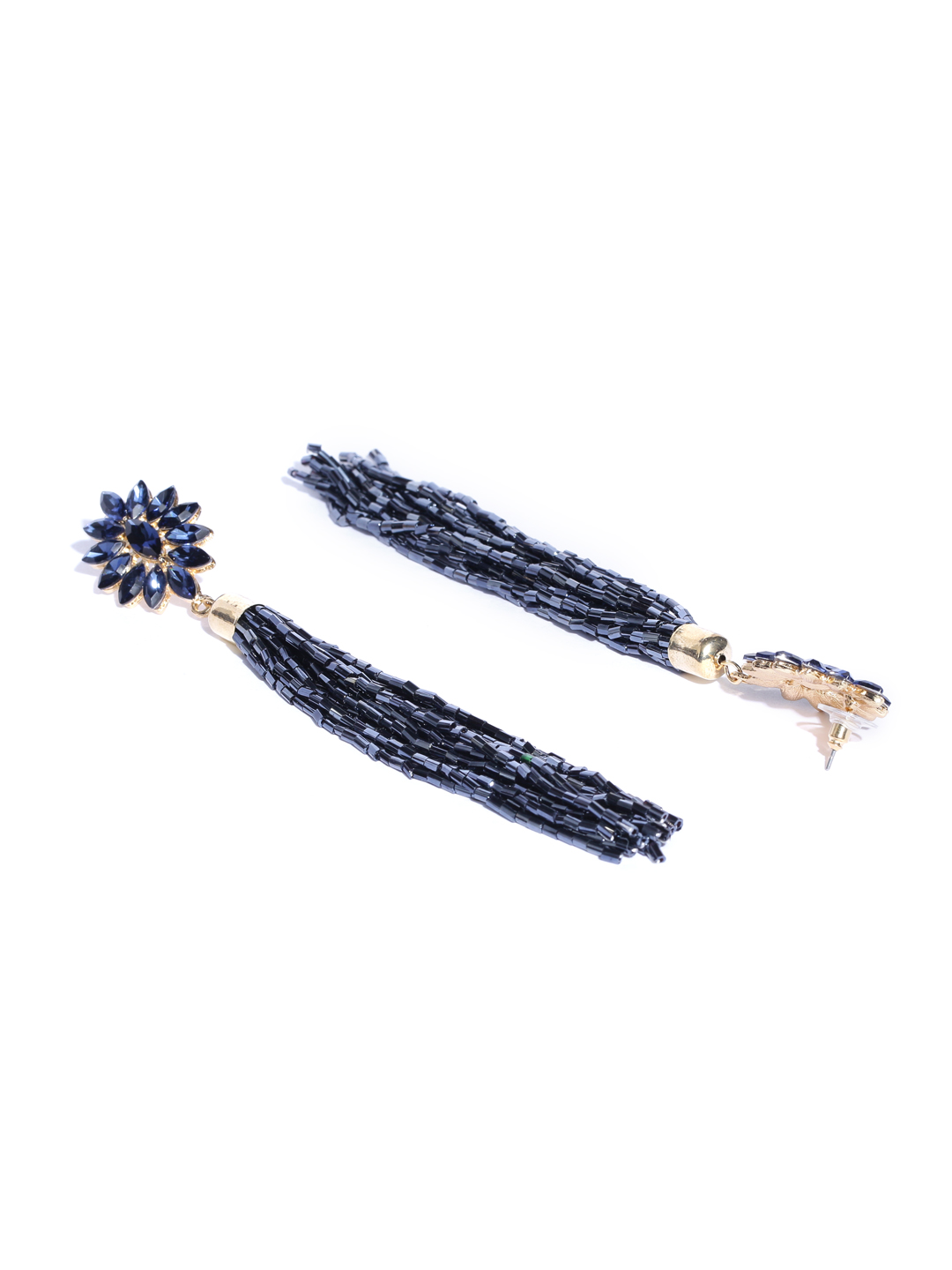 YouBella Navy Blue Gold-Plated Tasselled Stone-Studded Drop Earrings