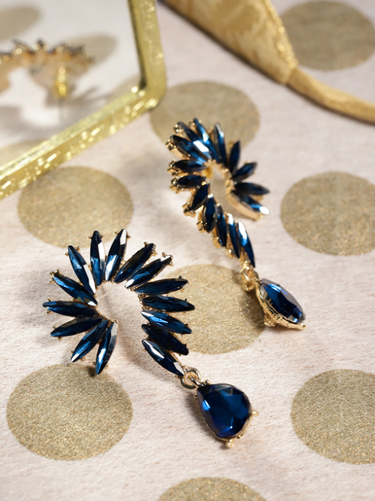 YouBella Navy Blue Gold-Plated Stone-Studded Contemporary Drop Earrings