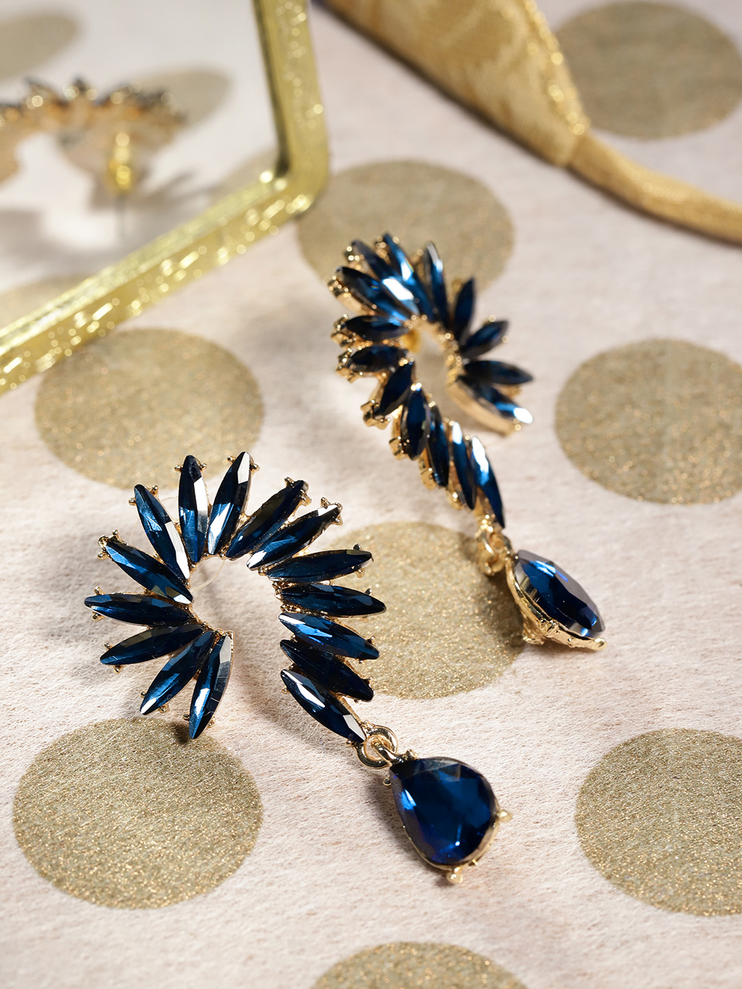 YouBella Navy Blue Gold-Plated Stone-Studded Contemporary Drop Earrings