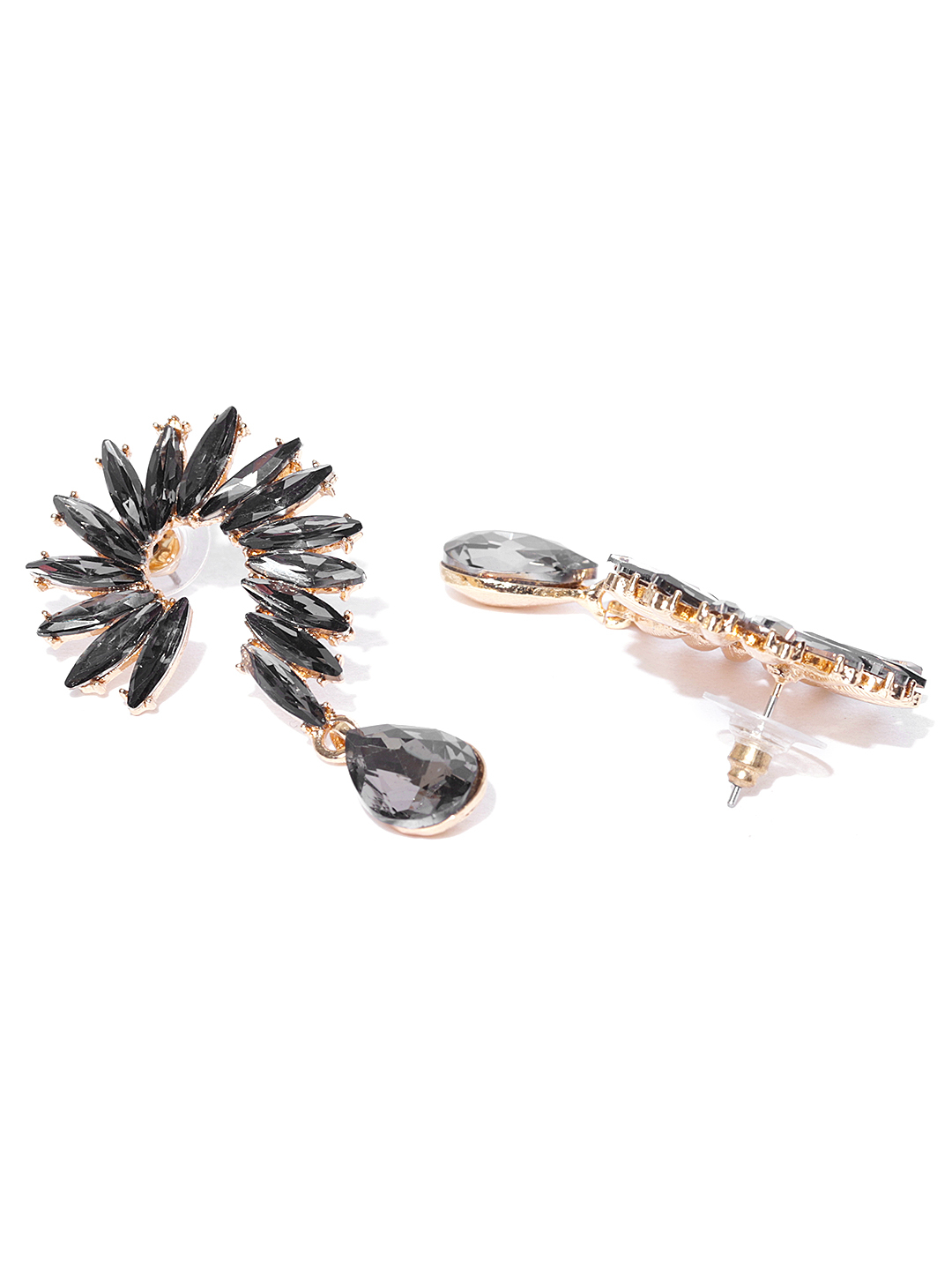 YouBella Black Gold-Plated Stone-Studded Contemporary Drop Earrings
