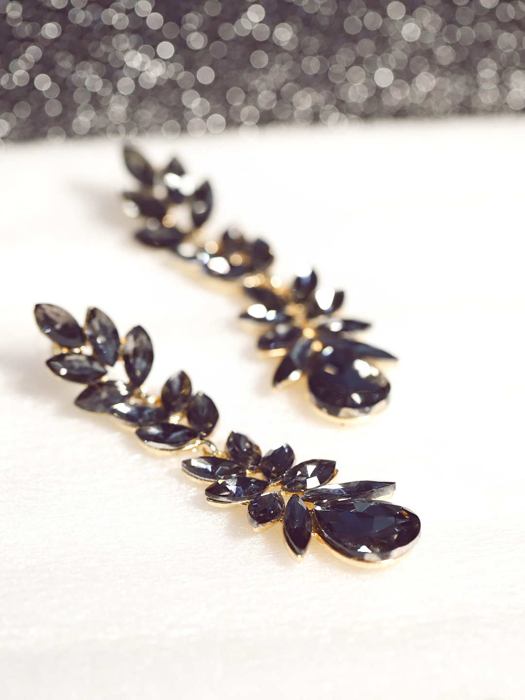 YouBella Black Gold-Plated Stone-Studded Contemporary Drop Earrings