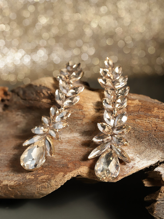 YouBella Gold-Plated Stone-Studded Leaf Shaped Drop Earrings