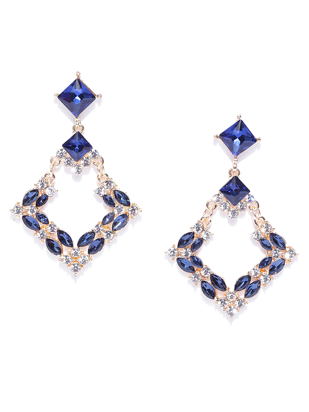 YouBella Navy Blue Gold-Plated Stone-Studded Geometric Drop Earrings