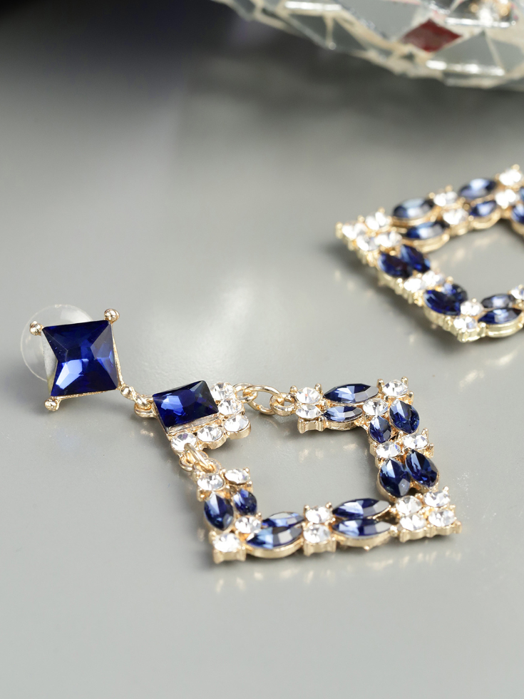 YouBella Navy Blue Gold-Plated Stone-Studded Geometric Drop Earrings