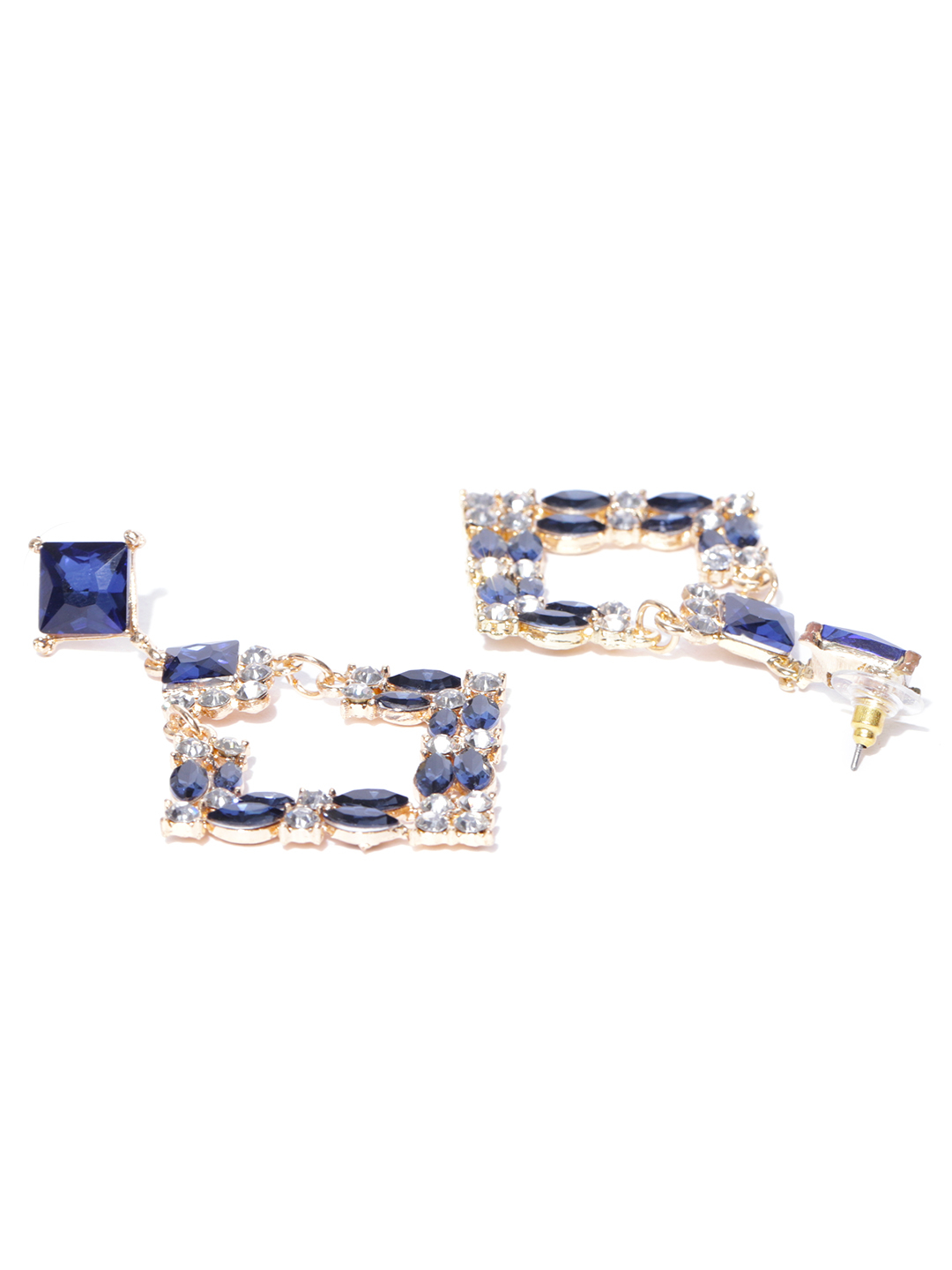 YouBella Navy Blue Gold-Plated Stone-Studded Geometric Drop Earrings