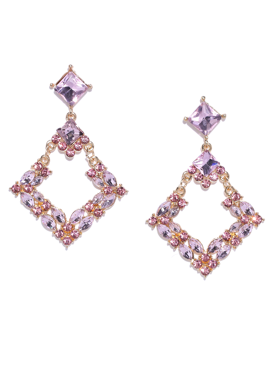 YouBella Pink Gold-Plated Stone-Studded Diamond Shaped Drop Earrings