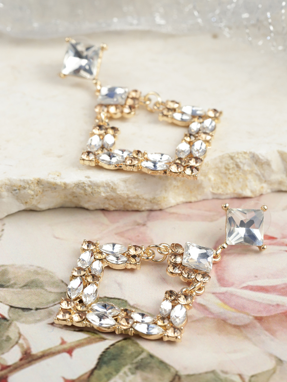 YouBella Gold-Plated Stone-Studded Geometric Drop Earrings