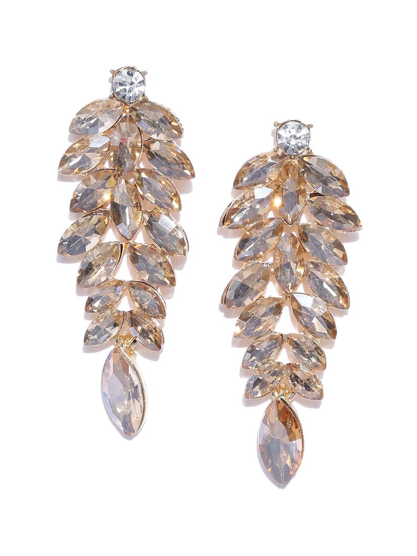 YouBella Gold-Plated Leaf-Shaped Stone-Studded Drop Earrings
