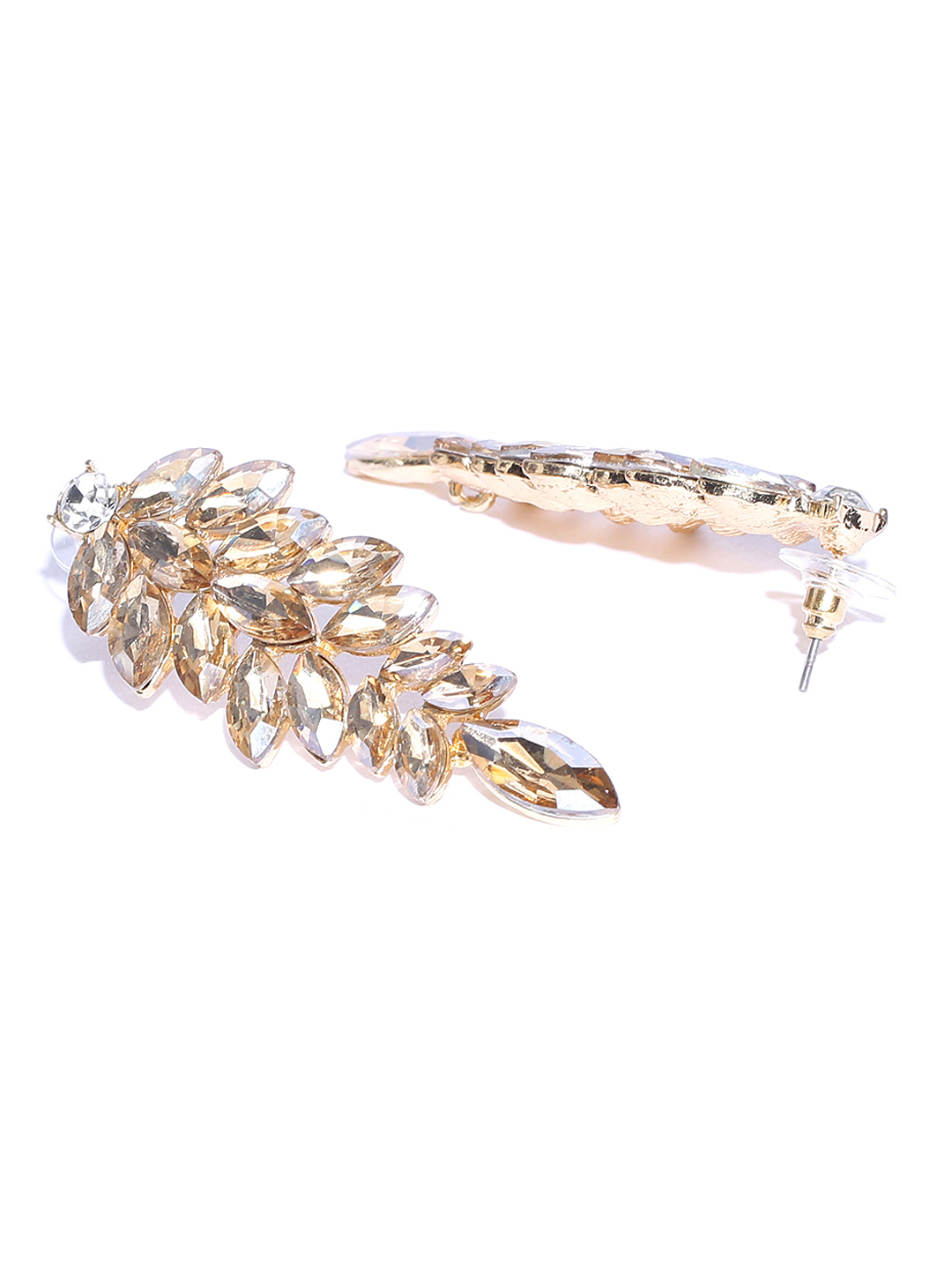 YouBella Gold-Plated Leaf-Shaped Stone-Studded Drop Earrings