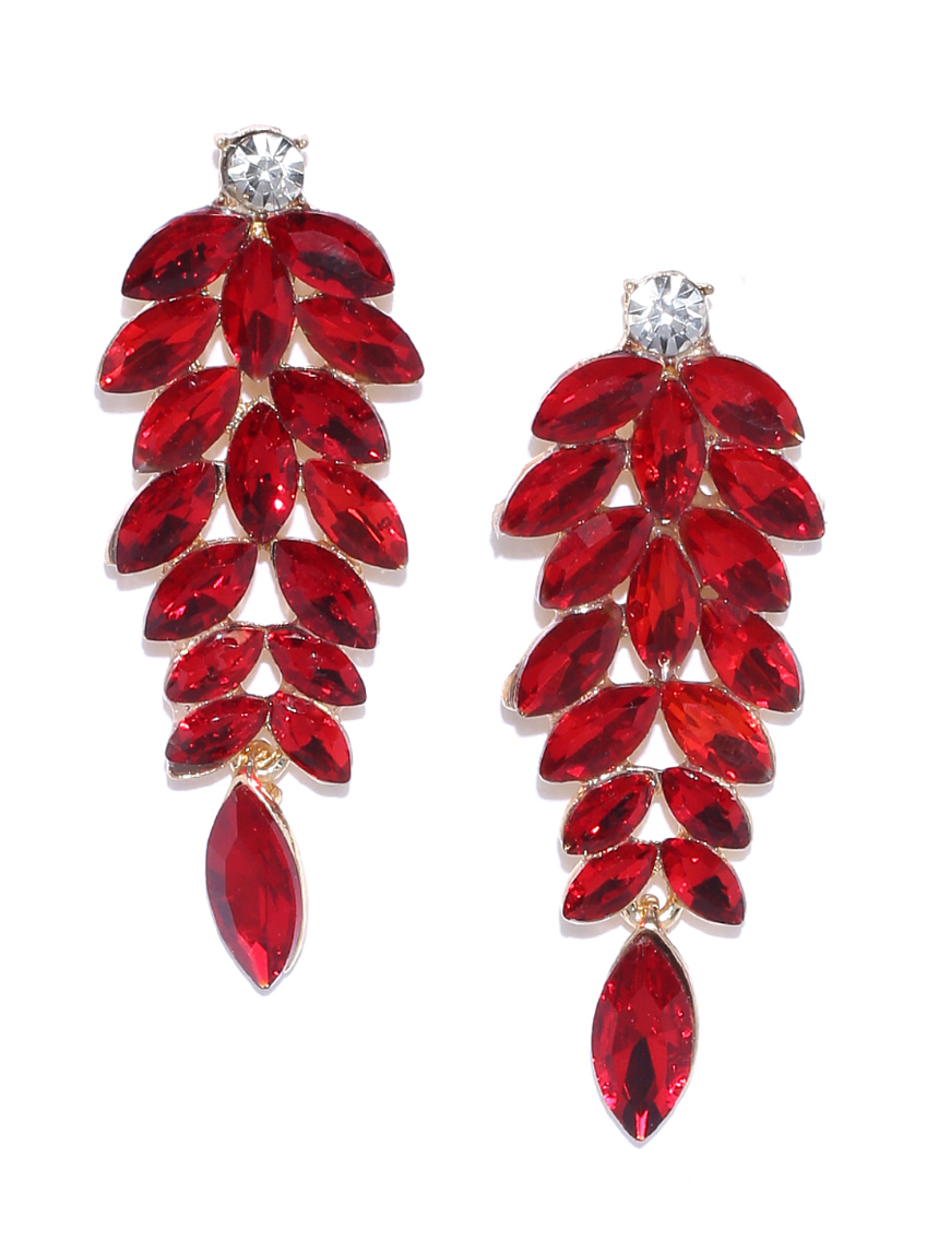 YouBella Red Gold-Plated Leaf-Shaped Stone-Studded Drop Earrings