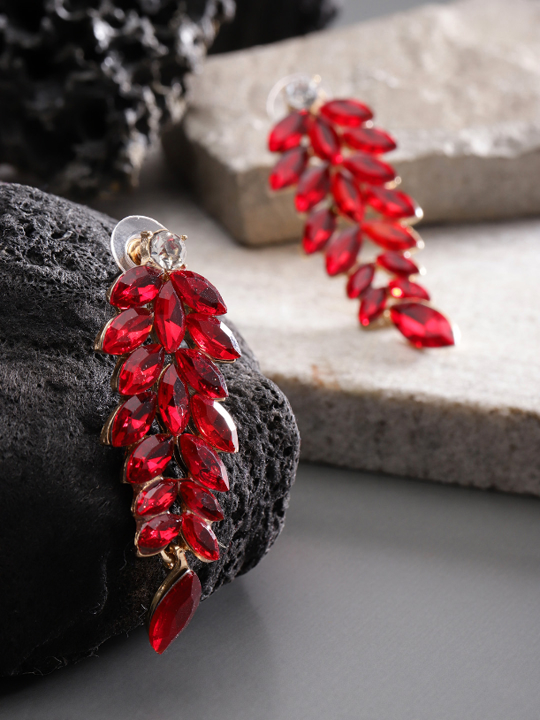 YouBella Red Gold-Plated Leaf-Shaped Stone-Studded Drop Earrings
