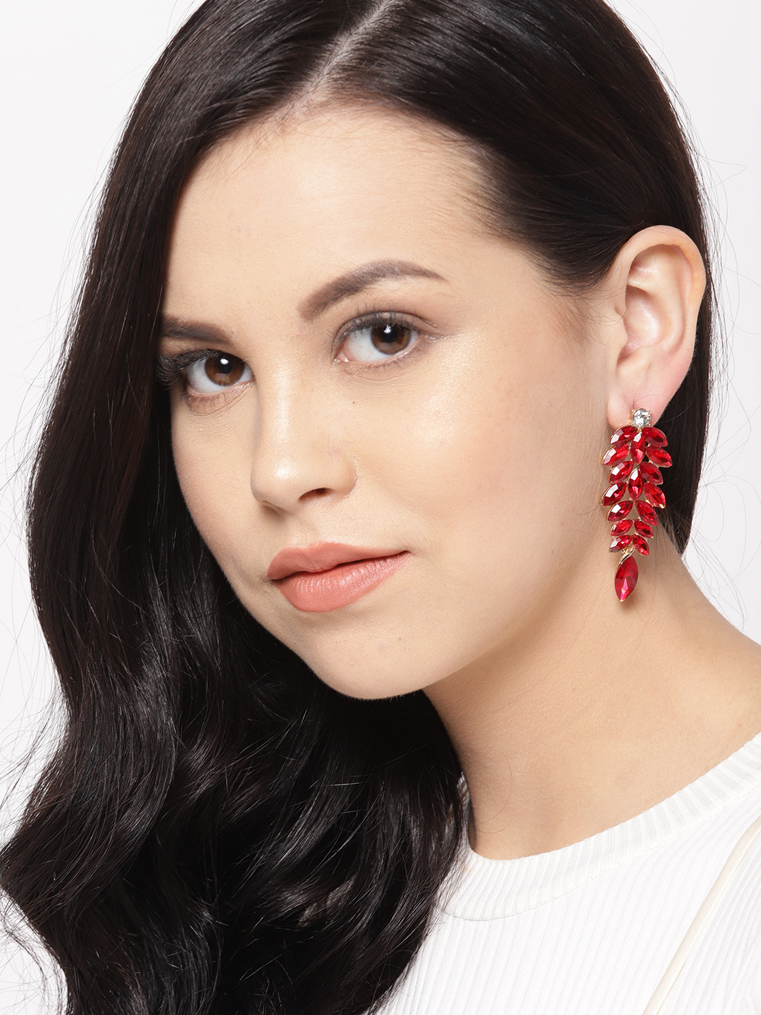 YouBella Red Gold-Plated Leaf-Shaped Stone-Studded Drop Earrings