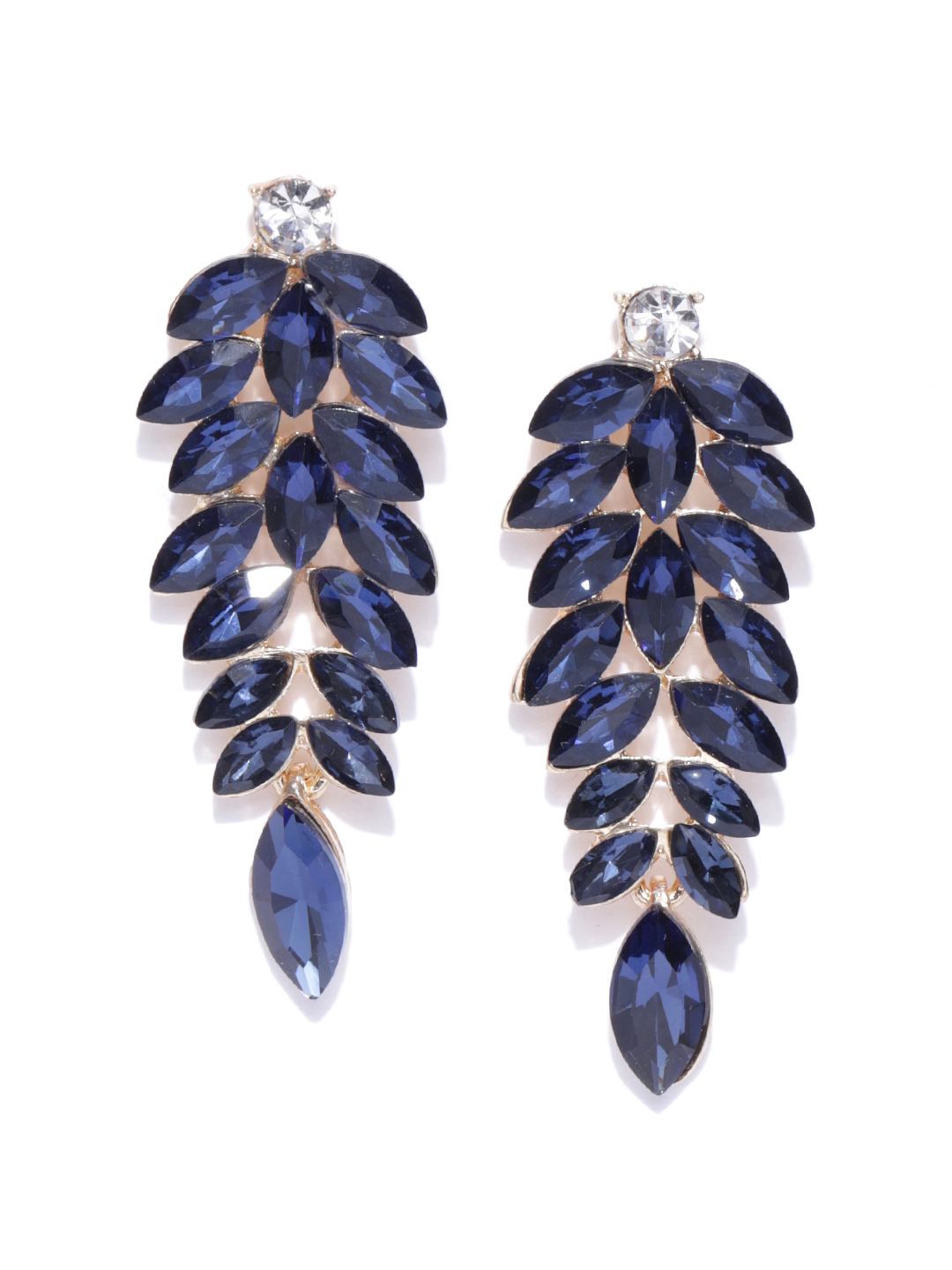 YouBella Navy Gold-Plated Stone-Studded Leaf-Shaped Drop Earrings