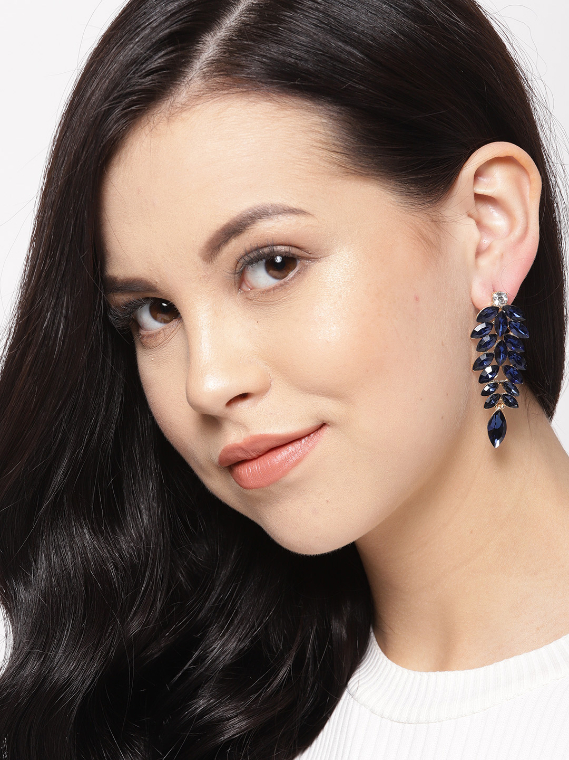 YouBella Navy Gold-Plated Stone-Studded Leaf-Shaped Drop Earrings