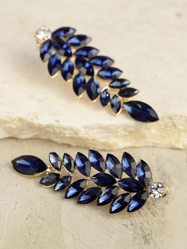 YouBella Navy Gold-Plated Stone-Studded Leaf-Shaped Drop Earrings