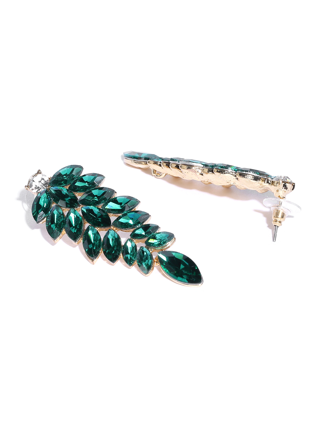 YouBella Green Gold-Plated Stone-Studded Leaf Shaped Drop Earrings