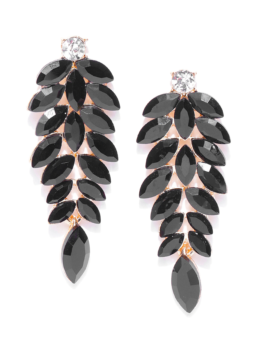 YouBella Black Gold-Plated Stone-Studded Drop Earrings