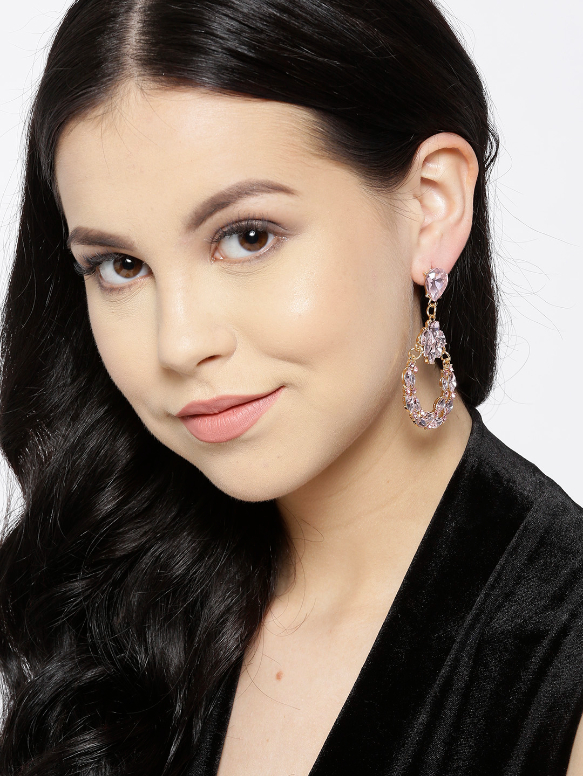 YouBella Pink Gold-Plated Stone-Studded Oval Drop Earrings