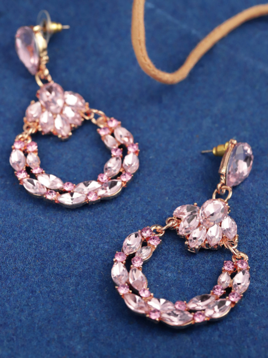 YouBella Pink Gold-Plated Stone-Studded Oval Drop Earrings