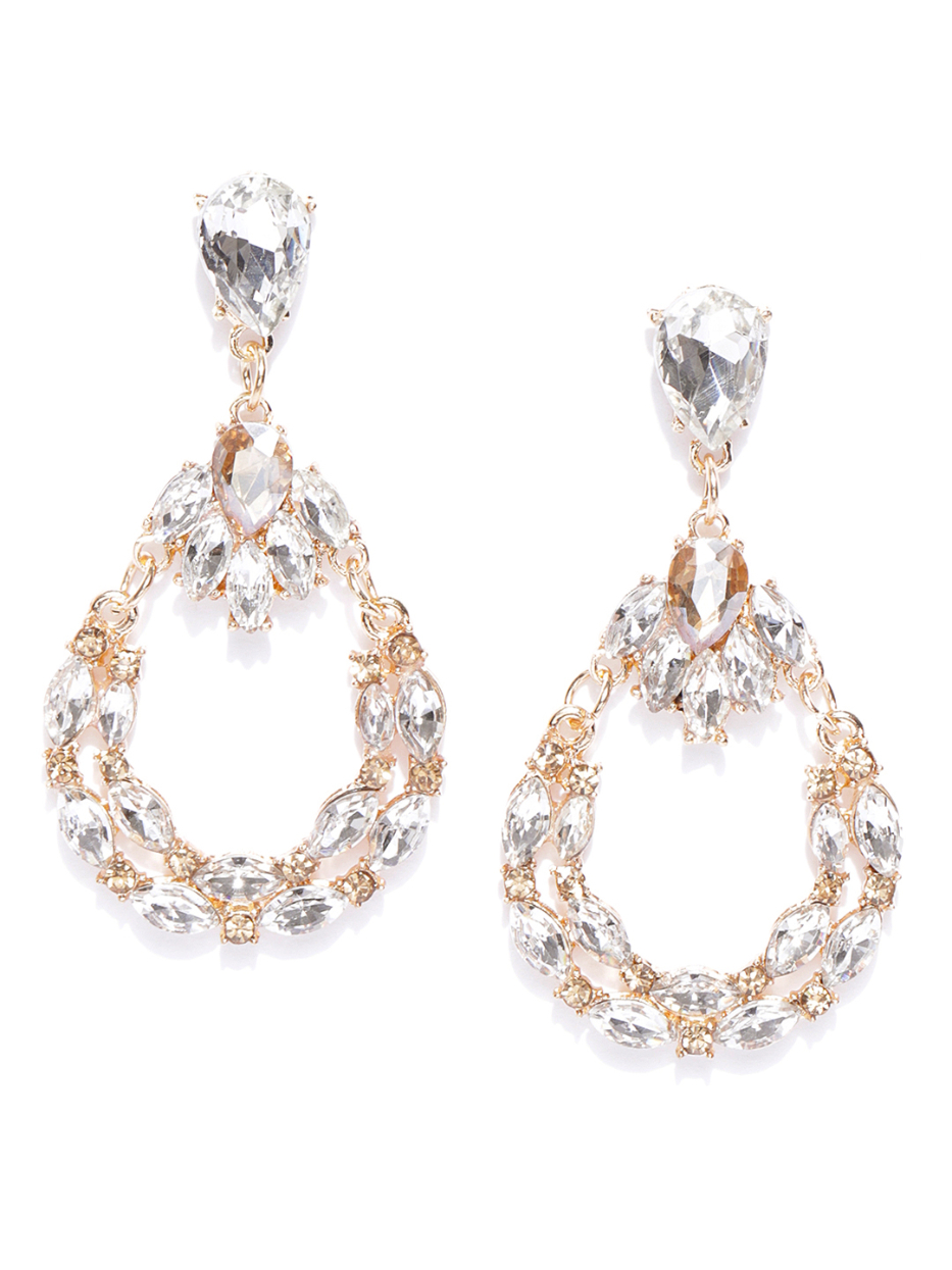 YouBella Gold-Plated Stone-Studded Teardrop Shaped Drop Earrings