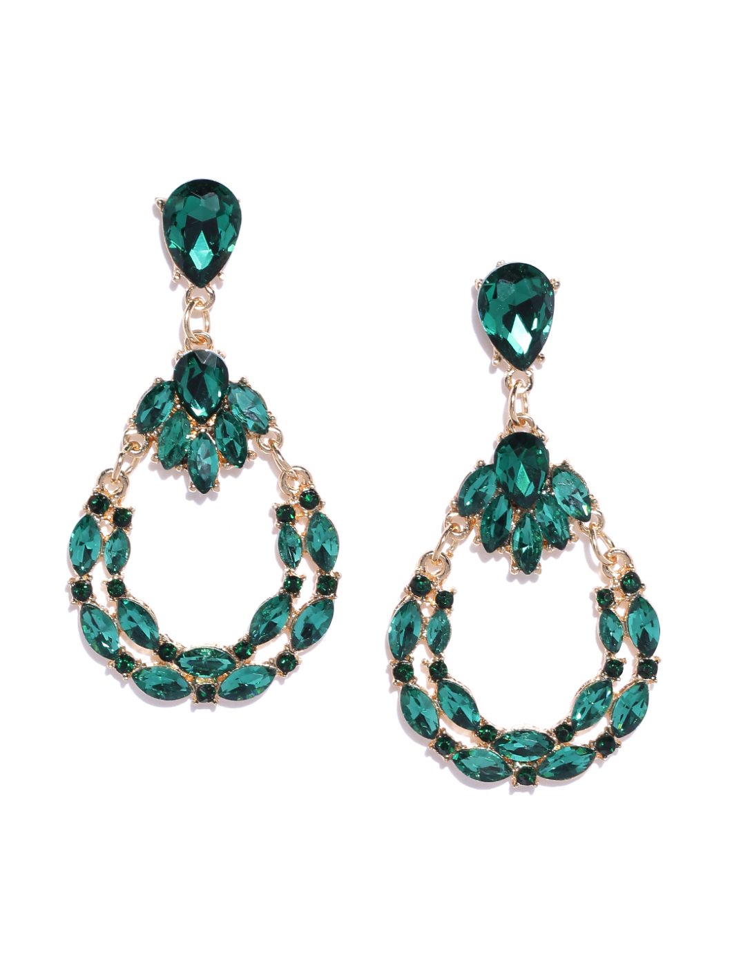 YouBella Green Gold-Plated Teardrop Shaped Stone-Studded Drop Earrings