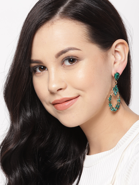 YouBella Green Gold-Plated Teardrop Shaped Stone-Studded Drop Earrings