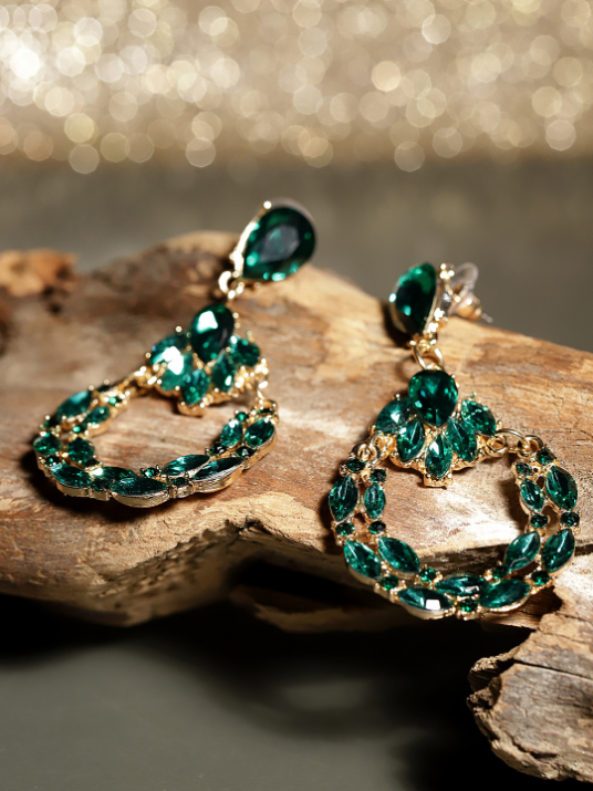 YouBella Green Gold-Plated Teardrop Shaped Stone-Studded Drop Earrings