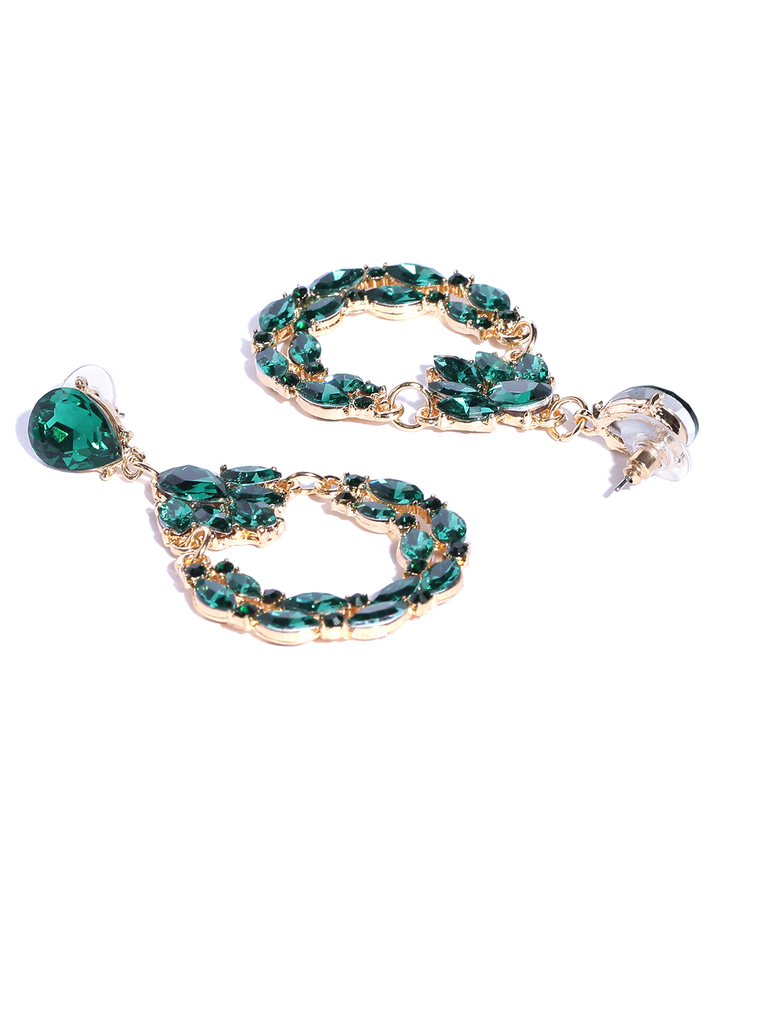 YouBella Green Gold-Plated Teardrop Shaped Stone-Studded Drop Earrings