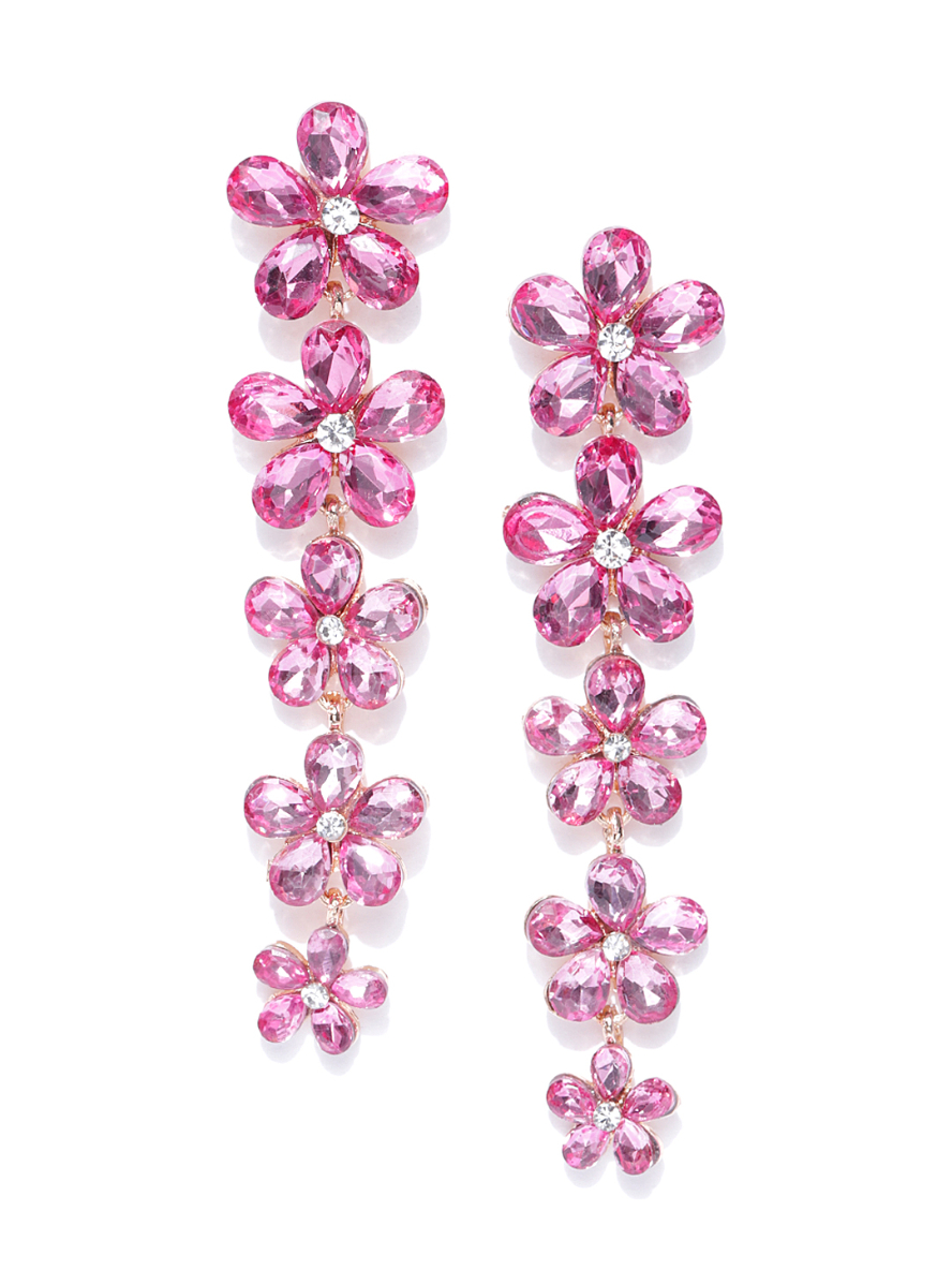 YouBella Pink Gold-Plated Stone-Studded Floral Drop Earrings