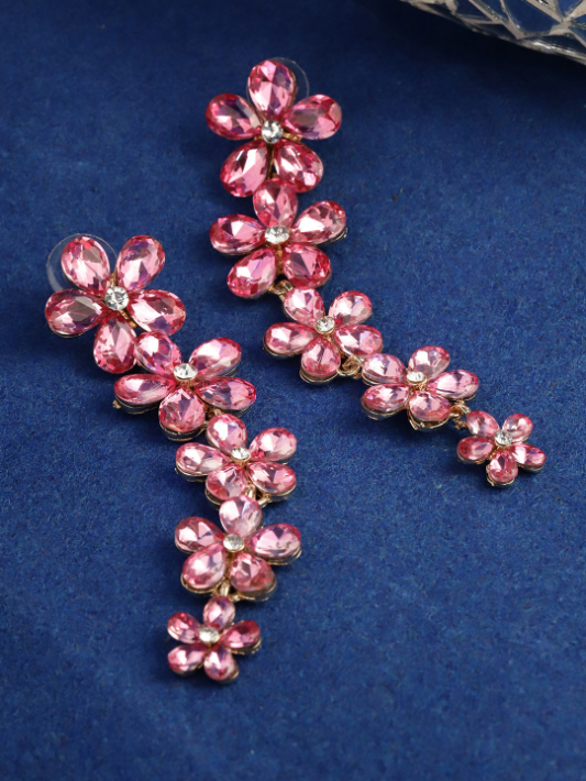 YouBella Pink Gold-Plated Stone-Studded Floral Drop Earrings