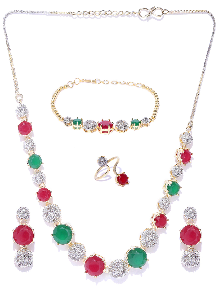 YouBella Pink  Green Gold-Plated Stone-Studded Jewellery Set