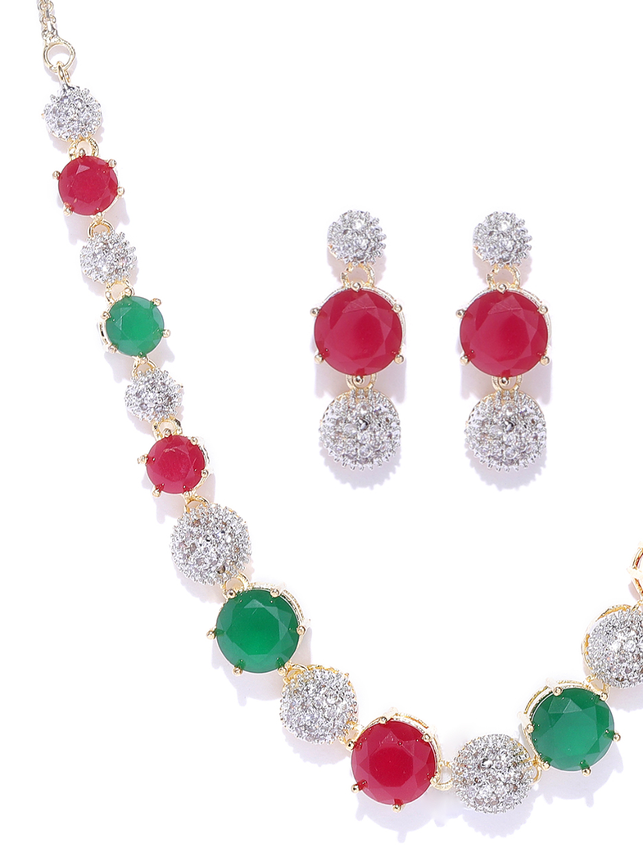 YouBella Pink  Green Gold-Plated Stone-Studded Jewellery Set