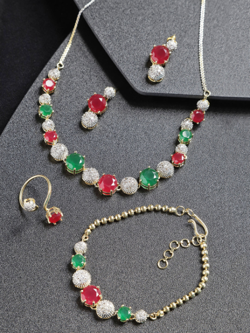 YouBella Pink  Green Gold-Plated Stone-Studded Jewellery Set