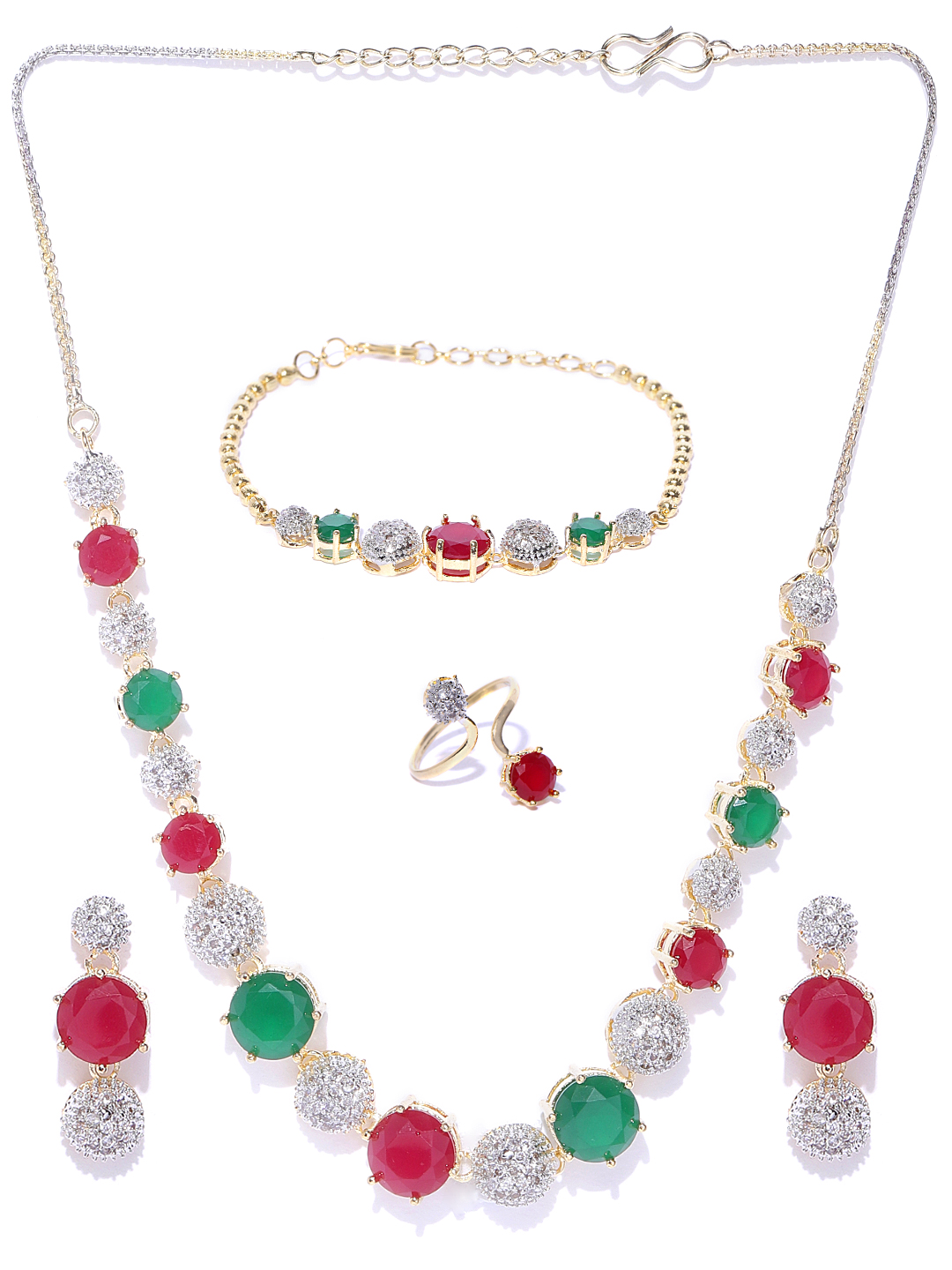 YouBella Pink  Green Gold-Plated Stone-Studded Jewellery Set