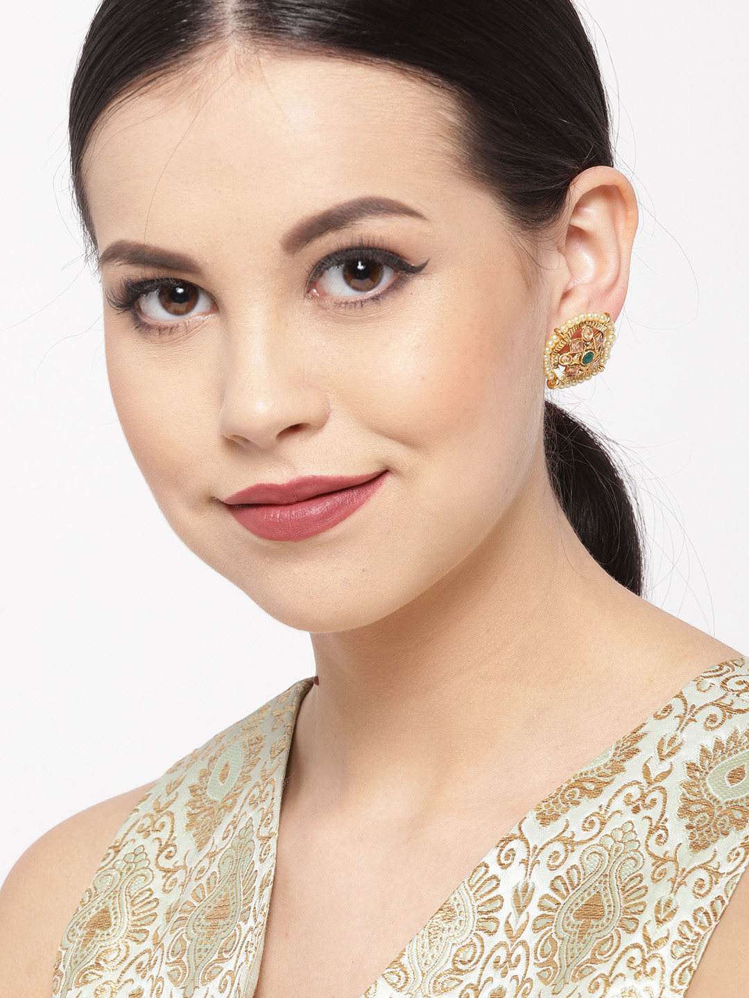 YouBella Green Gold-Plated Stone-Studded Beaded Circular Studs