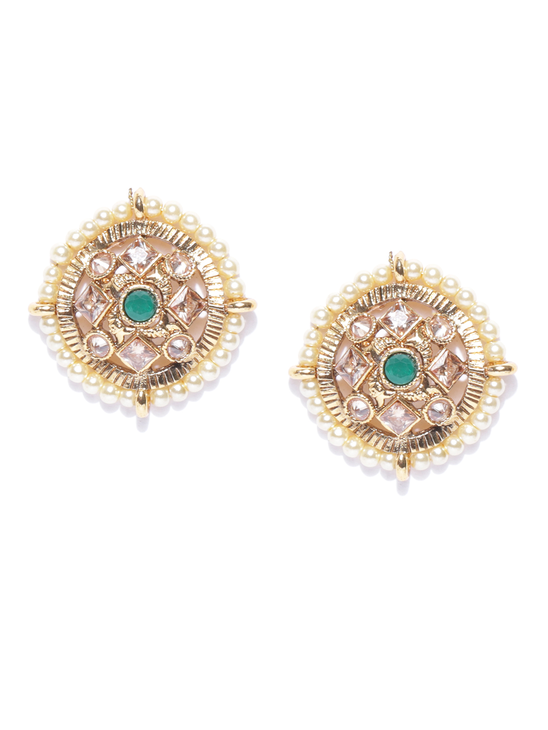 YouBella Green Gold-Plated Stone-Studded Beaded Circular Studs