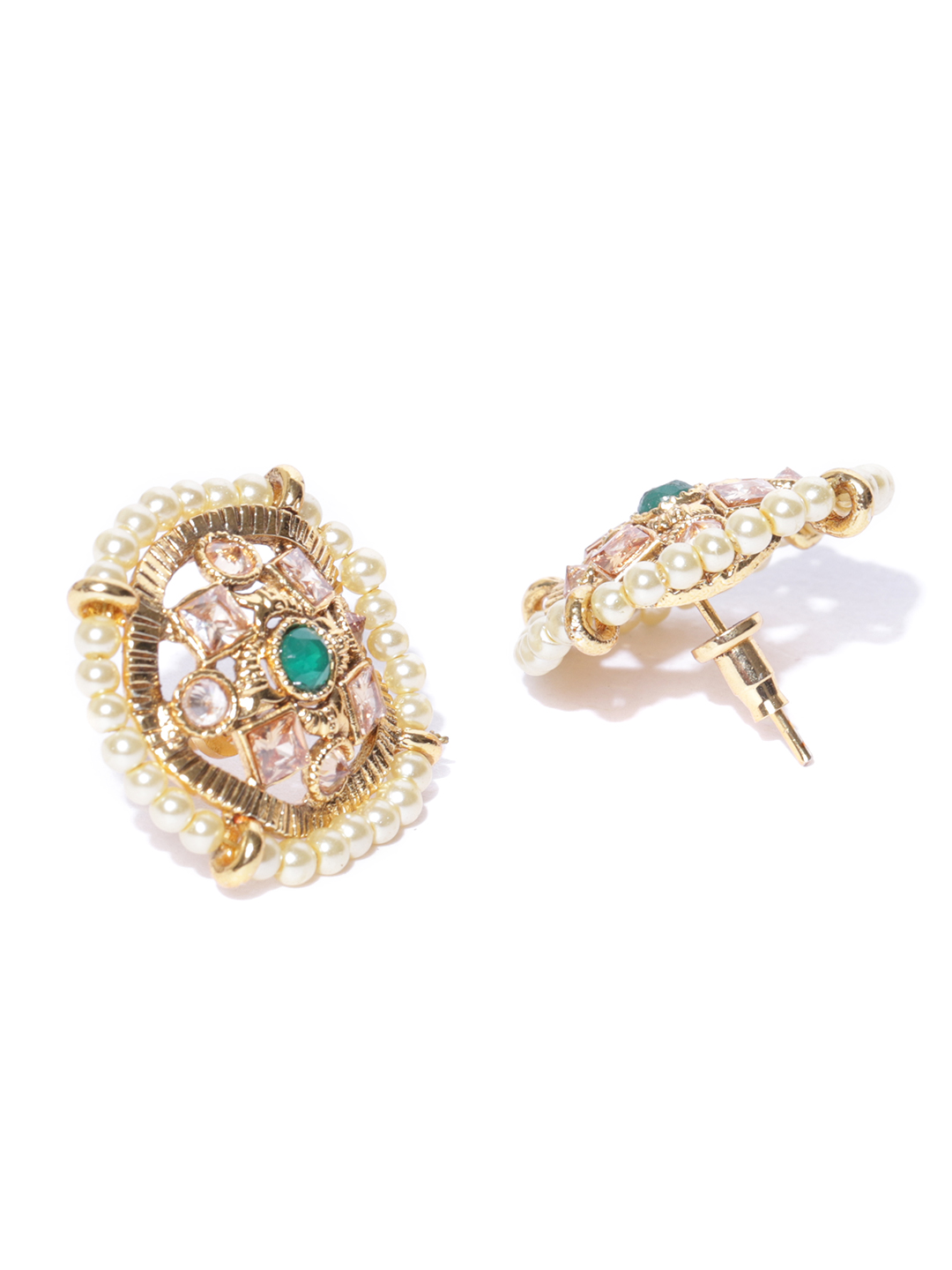 YouBella Green Gold-Plated Stone-Studded Beaded Circular Studs