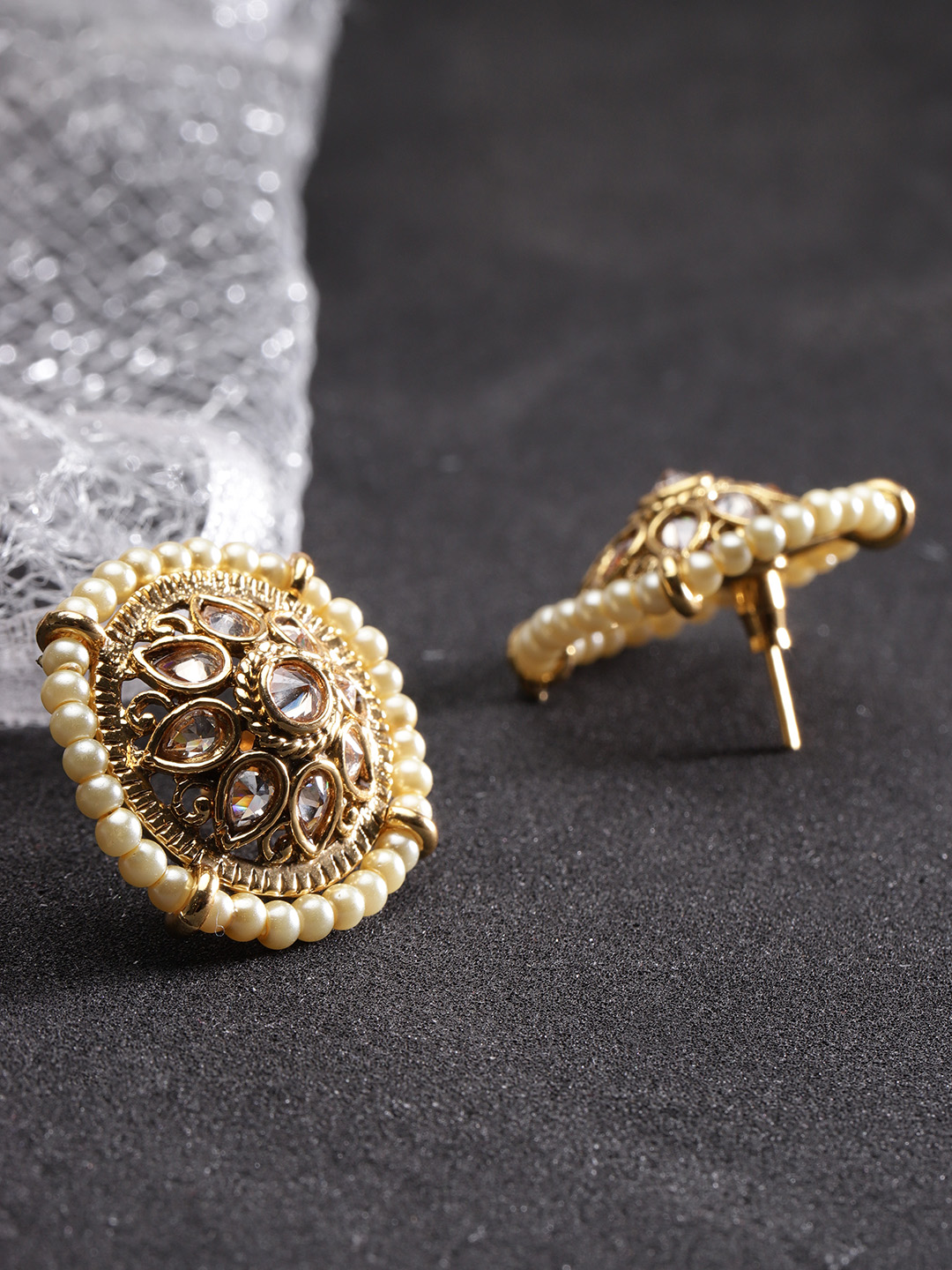 YouBella Antique Gold-Plated Off-White Stone-Studded Beaded Circular Studs