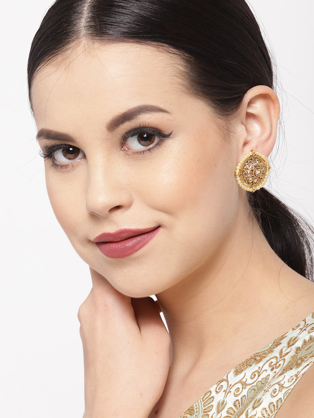 YouBella Antique Gold-Plated Off-White Stone-Studded Beaded Circular Studs